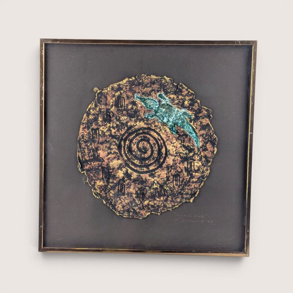 1997 Barbara DeVault Framed Lizard Disk Mixed Media Handmade Paper Painting